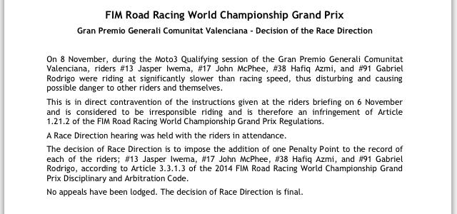Решение Дирекции гонок MotoGP, Валенсия Решение Дирекции гонок MotoGP, Валенсия