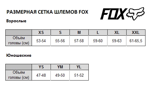 Размерная сетка шлемов FOX Размерная сетка шлемов FOX