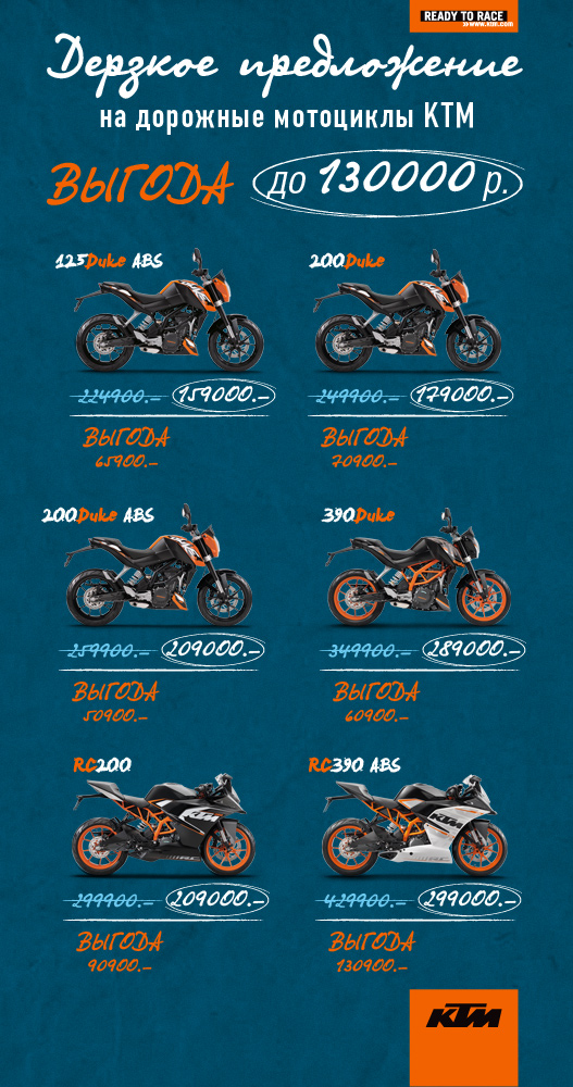 Дерзкие цены на мотоциклы KTM в Байк Ленде с 19 марта по 30 апреля Дерзкие цены на мотоциклы KTM в Байк Ленде с 19 марта по 30 апреля