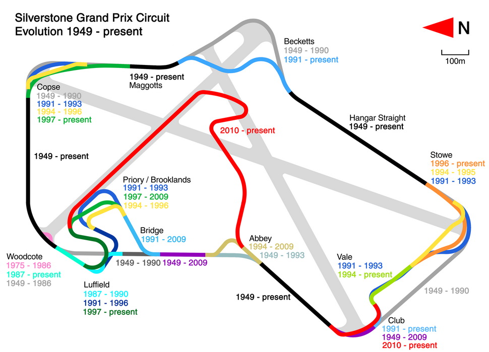 История изменений Silverstone Circuit на одной схеме 1949-2010 История изменений Silverstone Circuit на одной схеме 1949-2010