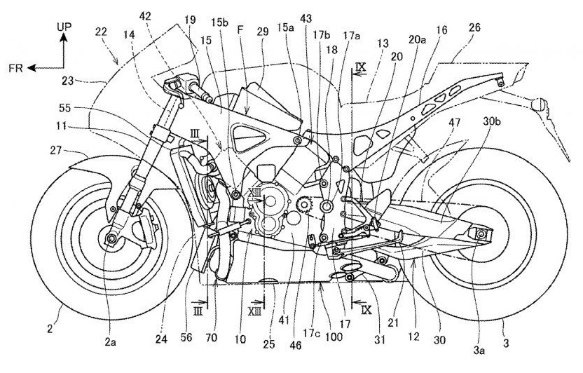 Патентная схема Honda RVF1000 (2019) - вид слева Патентная схема Honda RVF1000 (2019) - вид слева