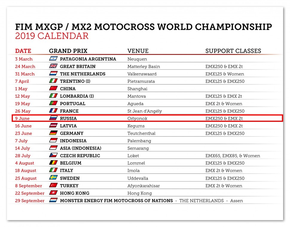 Календарь чемпионата Мира по мотокроссу MXGP 2019 Календарь чемпионата Мира по мотокроссу MXGP 2019