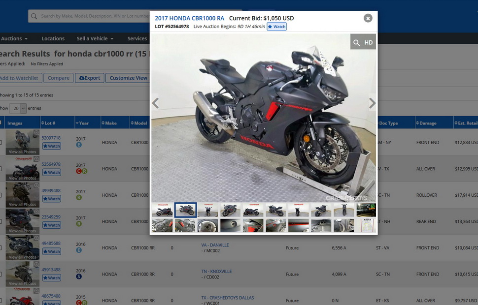 Пример с Copart: Honda CBR1000RR 2017 года в идеальном состоянии, но после угона Пример с Copart: Honda CBR1000RR 2018 года в идеальном состоянии, но после угона