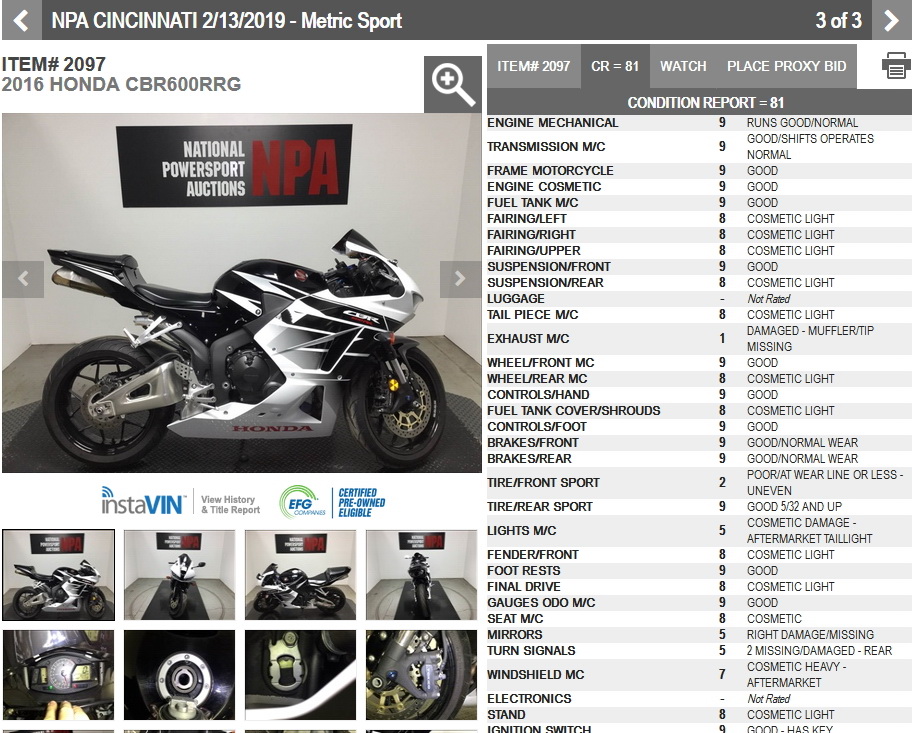 Типичный аукционный лист на Honda CBR600RR (2016) Типичный аукционный лист на Honda CBR600RR (2016)