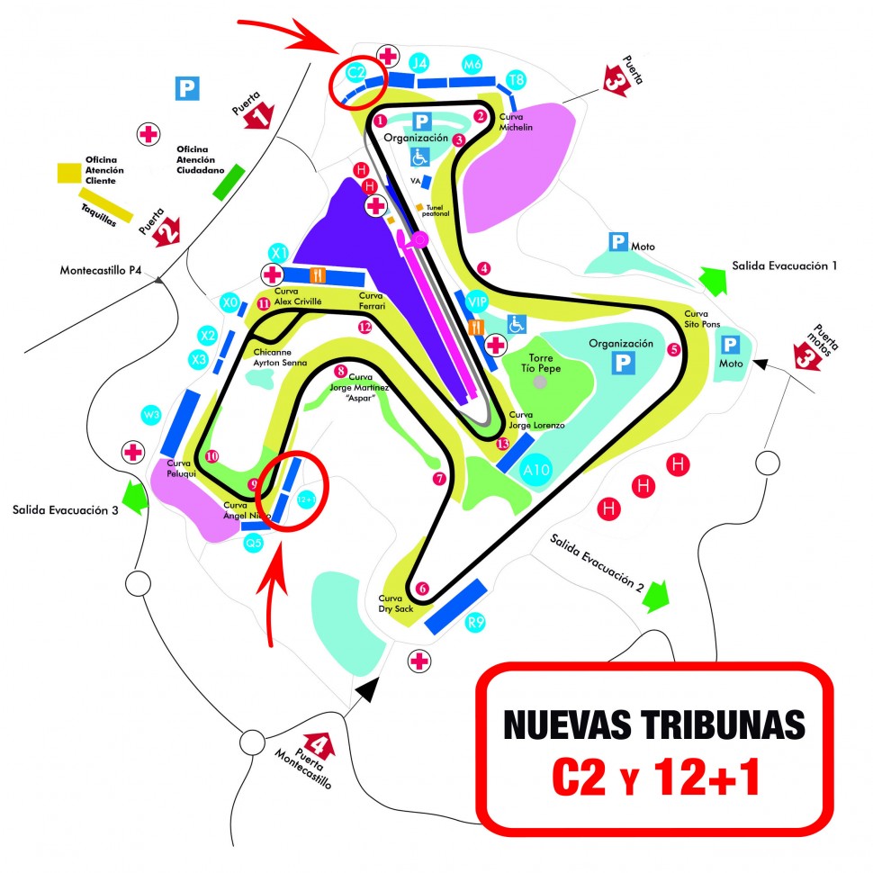 Схема расположения трибун Circuito de Jerez в 2019 году Схема расположения трибун Circuito de Jerez в 2019 году
