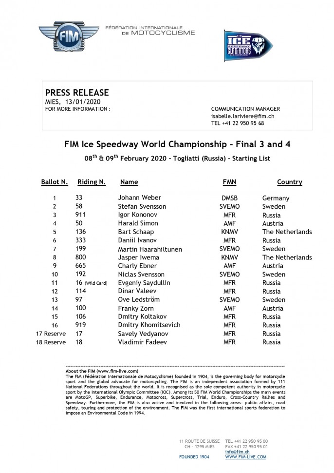 Список участников 2 этапа FIM Ice Speedway Gladiators 2020 Список участников 2 этапа FIM Ice Speedway Gladiators 2020