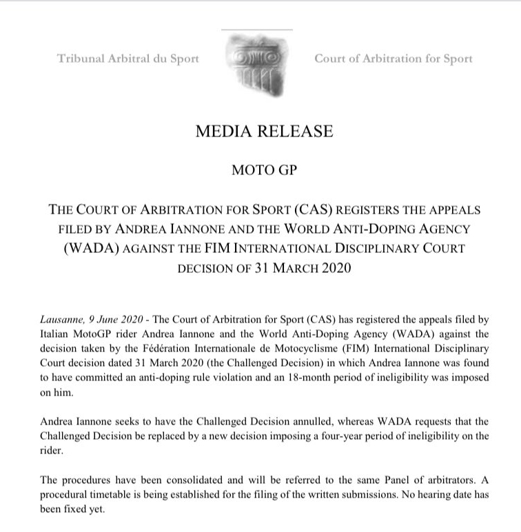Пресс-релиз CAS по делу Андреа Янноне против FIM и WADA Пресс-релиз CAS по делу Андреа Янноне против FIM и WADA