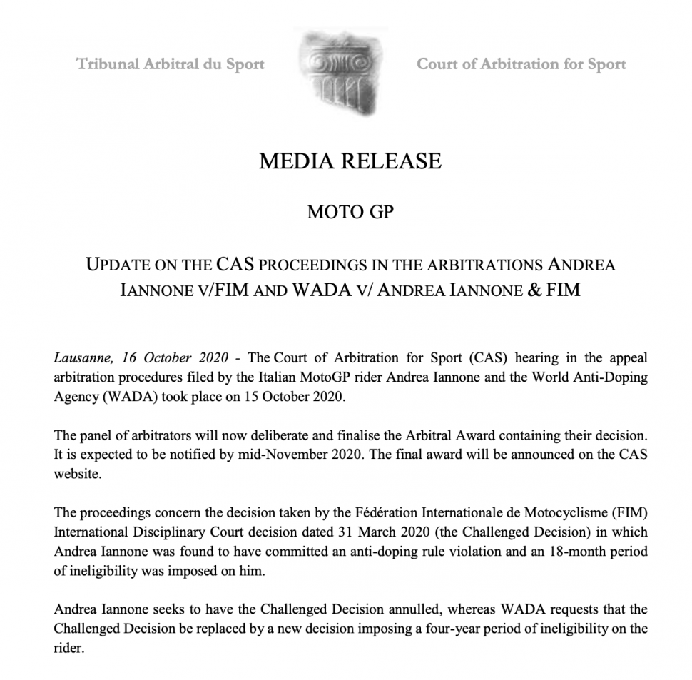Пресс-релиз CAS по делу Андреа Янноне против FIM и WADA Пресс-релиз CAS по делу Андреа Янноне против FIM и WADA
