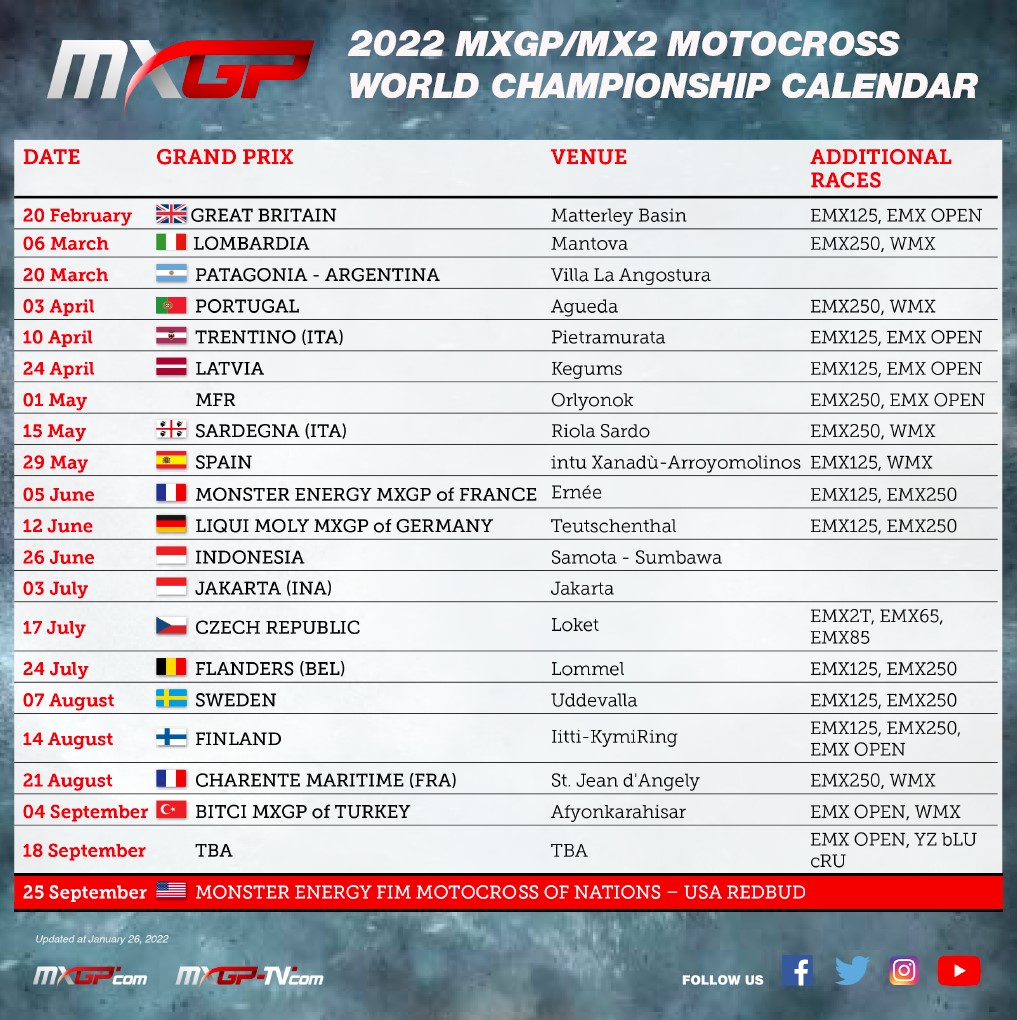 Обновленный календарь MXGP на 2022 год Обновленный календарь MXGP на 2022 год