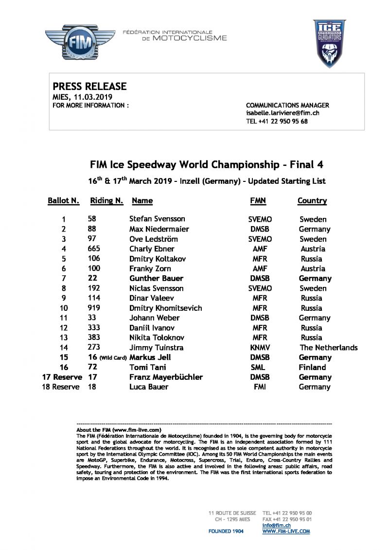 Состав участников 4 этапа FIM Ice Speedway Gladiators, Инцель