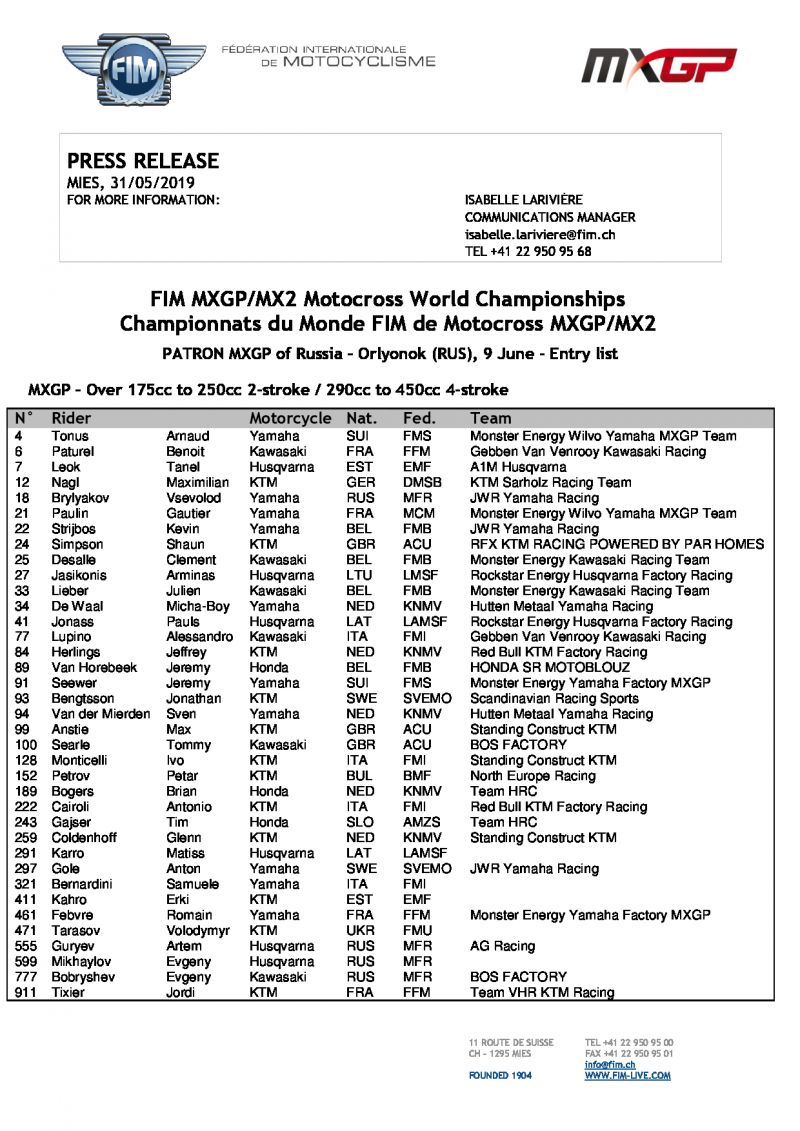 Заявочный лист Гран-При России по мотокроссу, MXGP/MX2, 8-9/06/2019