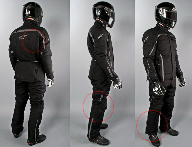 Защитные вставки на спине; довольно жесткая защита коленей, чуть более мягкая на локтях и плечах; быстрый доступ к обуви
