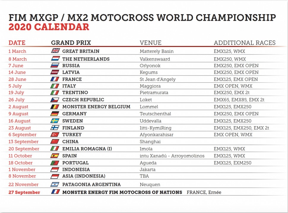 Календарь MXGP 2020 Календарь MXGP 2020
