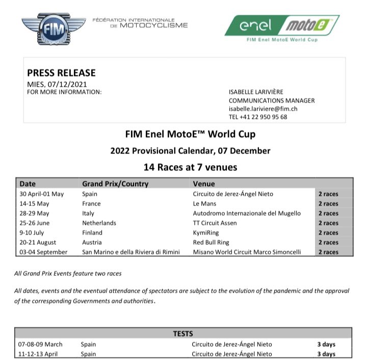 Календарь FIM Enel MotoE World Cup 2022