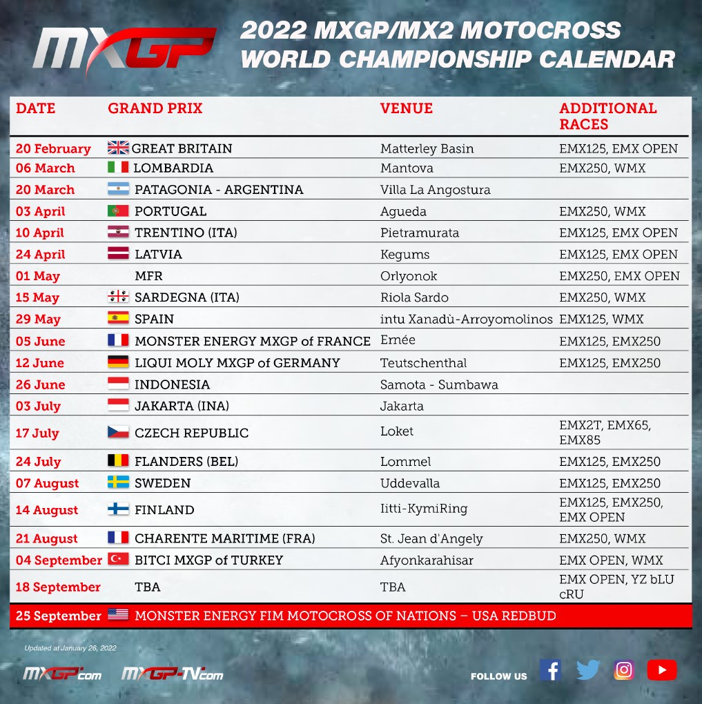 Обновленный календарь MXGP на 2022 год