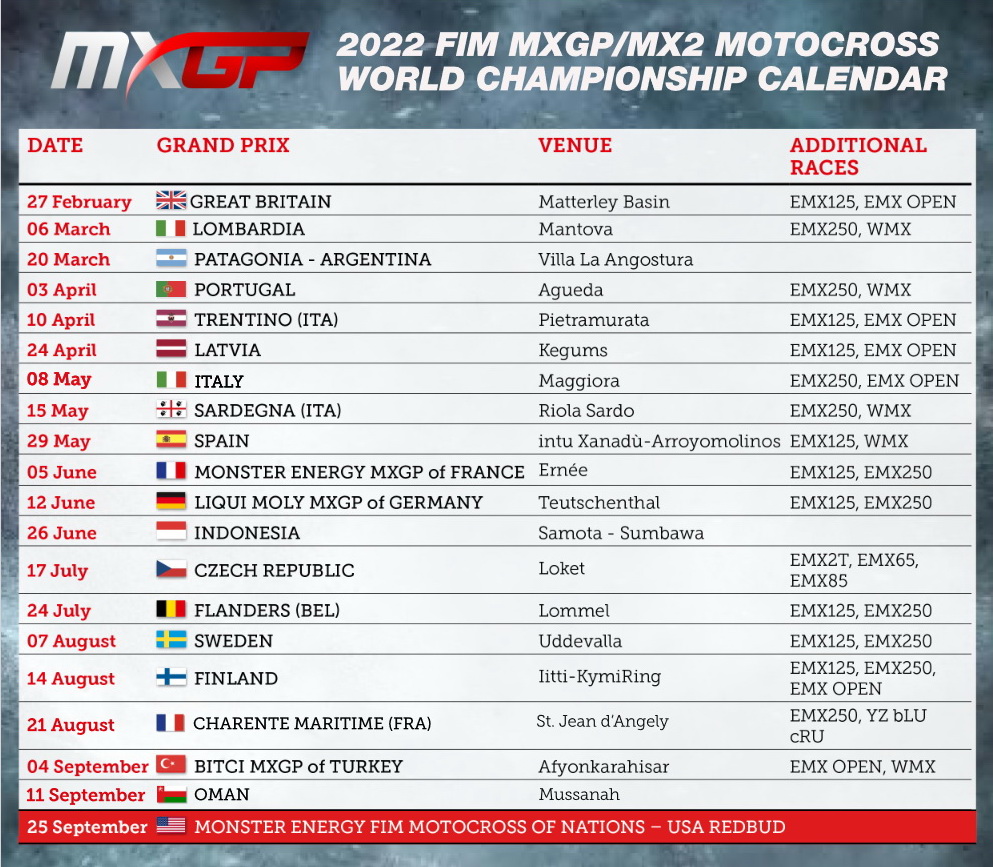 Обновленный календарь MXGP на 2022 год Обновленный календарь MXGP на 2022 год