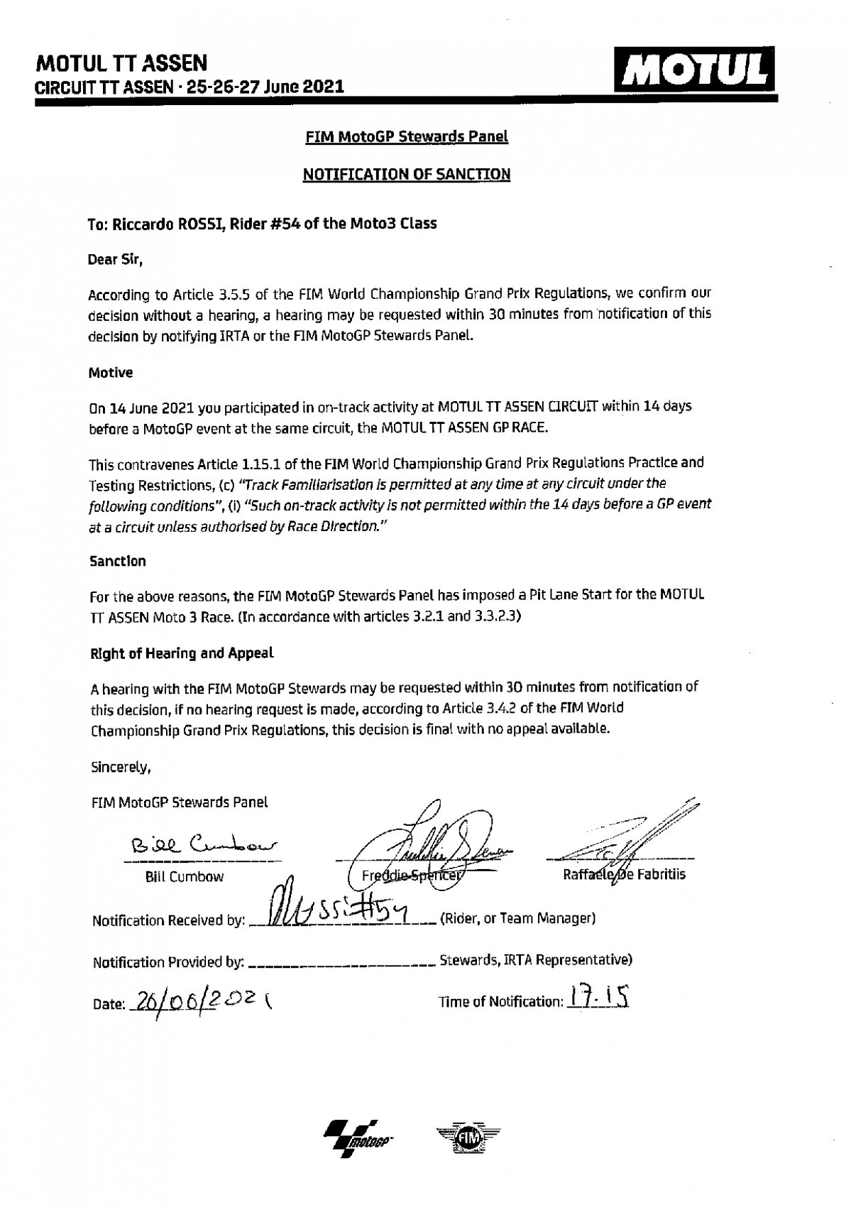 Санкции Дирекции MotoGP в отношении Риккардо Росси