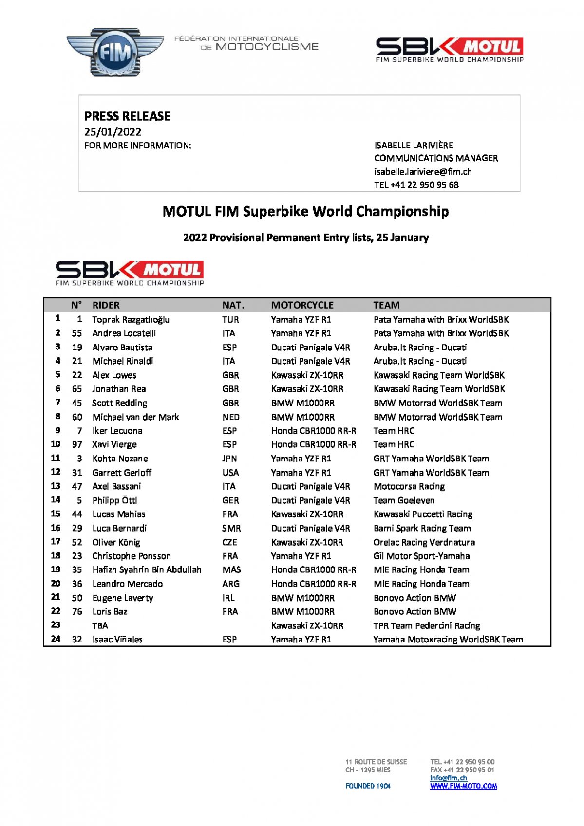 Список участников World Superbike 2022 года (предварительный) от 26 января