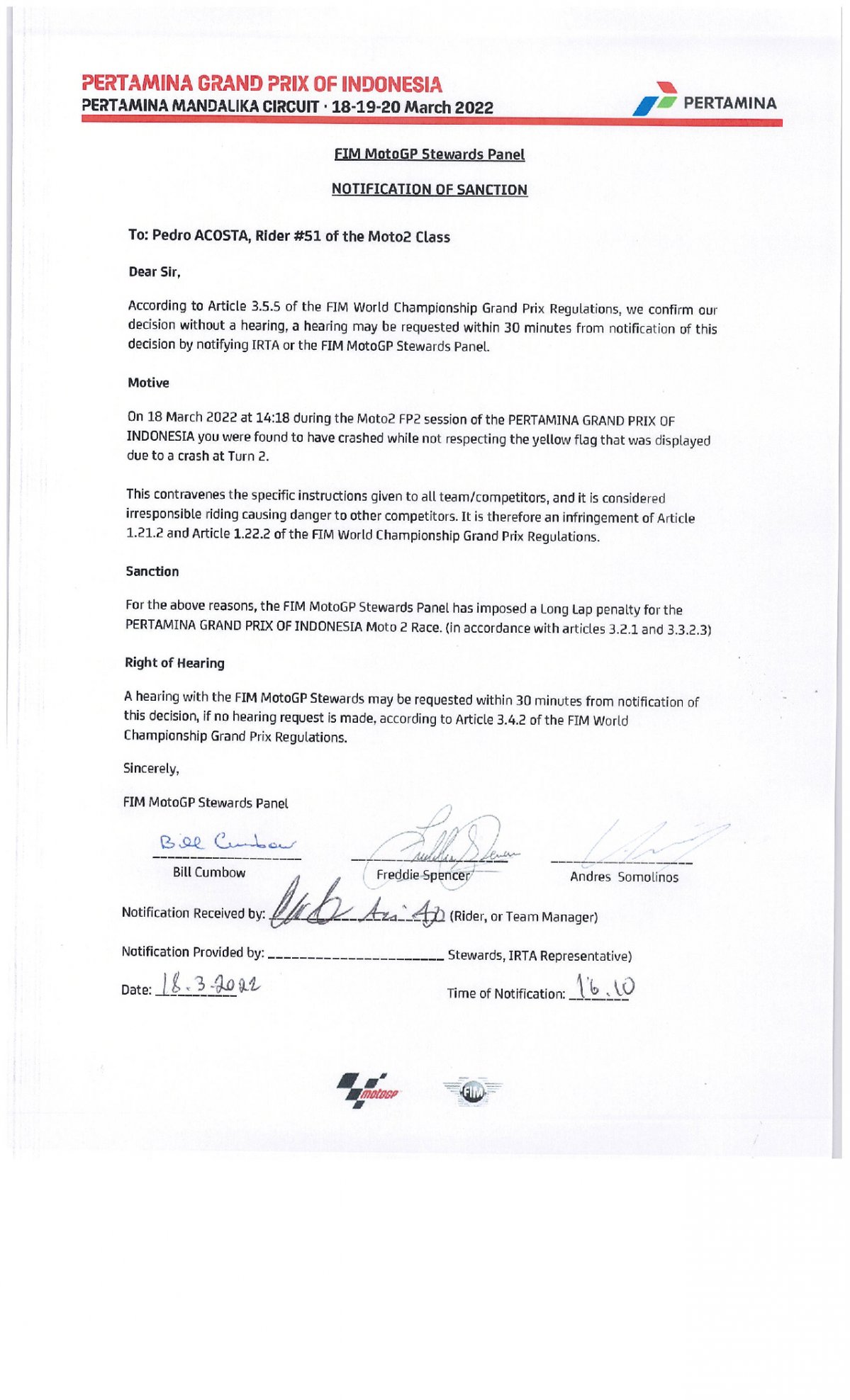 Решение Дирекции MotoGP по инциденту Педро Акосты