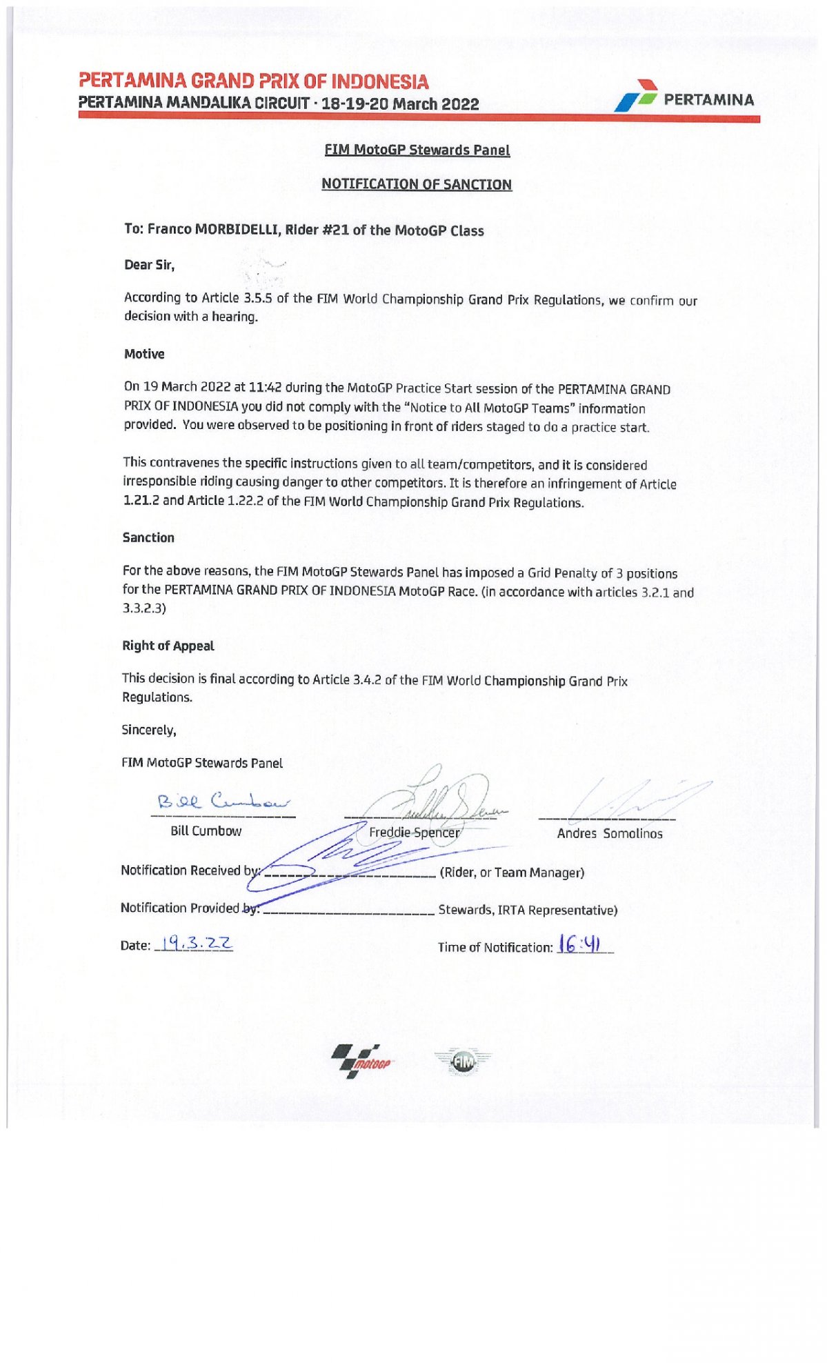 Решение Дирекции MotoGP по инциденту с Франко Морбиделли